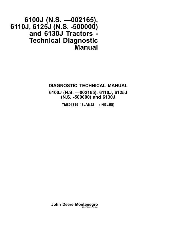 John Deere 6100J (-002167), 6110J (000001-599999), 6125J (-500001) Tractors Repair Manual