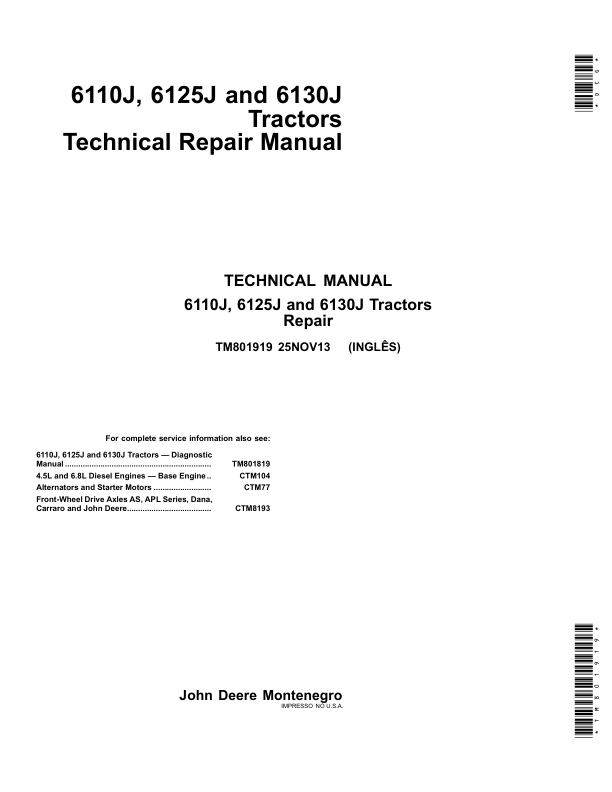 John Deere 6100J (-002167), 6110J (000001-599999), 6125J (-500001) Tractors Repair Manual_TM801919_1