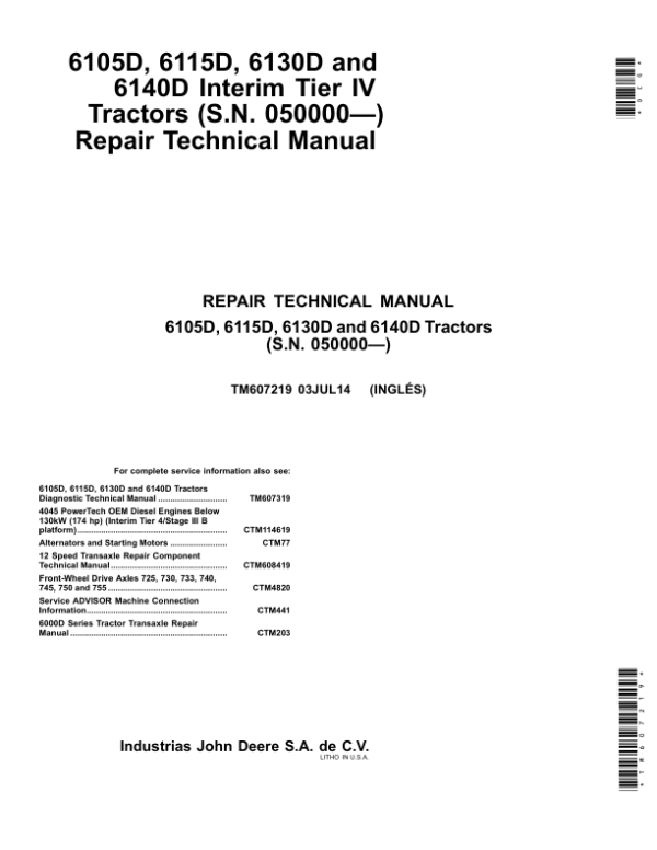 John Deere 6105D, 6115D, 6130D, 6140D Tractors Repair Manual