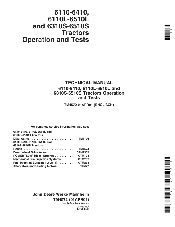 John Deere 6110L, 6210L, 6310L, 6410L, 6510L Tractors Service Repair Manual_TM4572_1