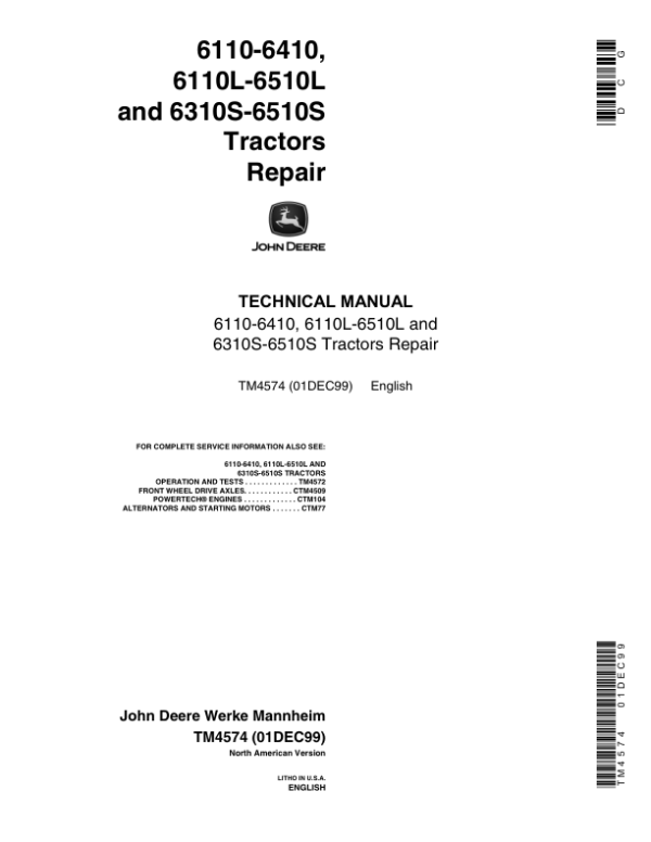 John Deere 6110L, 6210L, 6310L, 6410L, 6510L Tractors Service Repair Manual