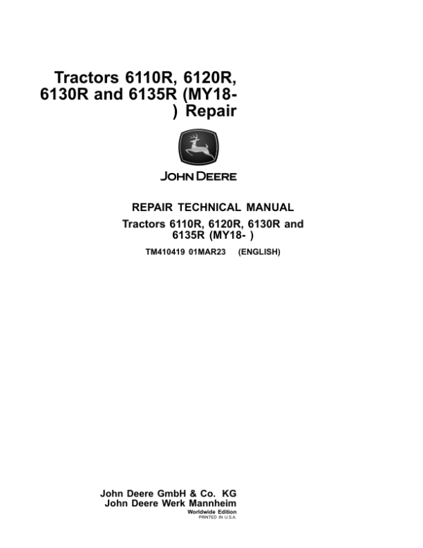 John Deere 6110R, 6120R, 6130R, 6135R Tractors Repair Manual (MY18 - )