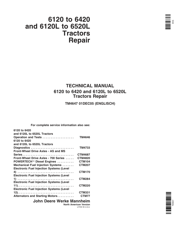 John Deere 6120, 6220, 6320, 6420 Tractors Repair Manual (North America – S.N 100001 – 398790)