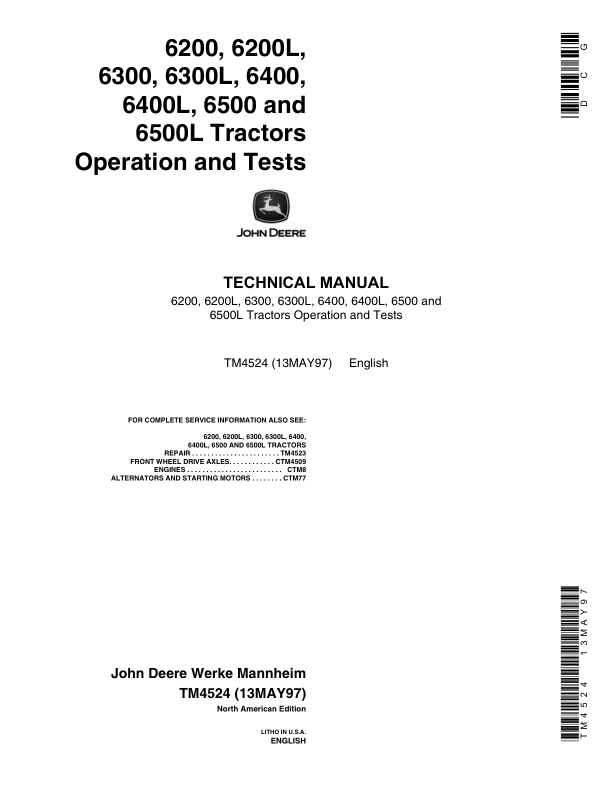 John Deere 6200, 6200L, 6300, 6300L, 6400, 6400L, 6500, 6500L Tractors Repair Manual_TM4524_1