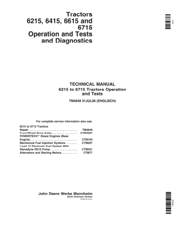 John Deere 6215, 6415, 6615, 6715 Tractors Service Repair Manual (North America _ TM4648 & TM4649)