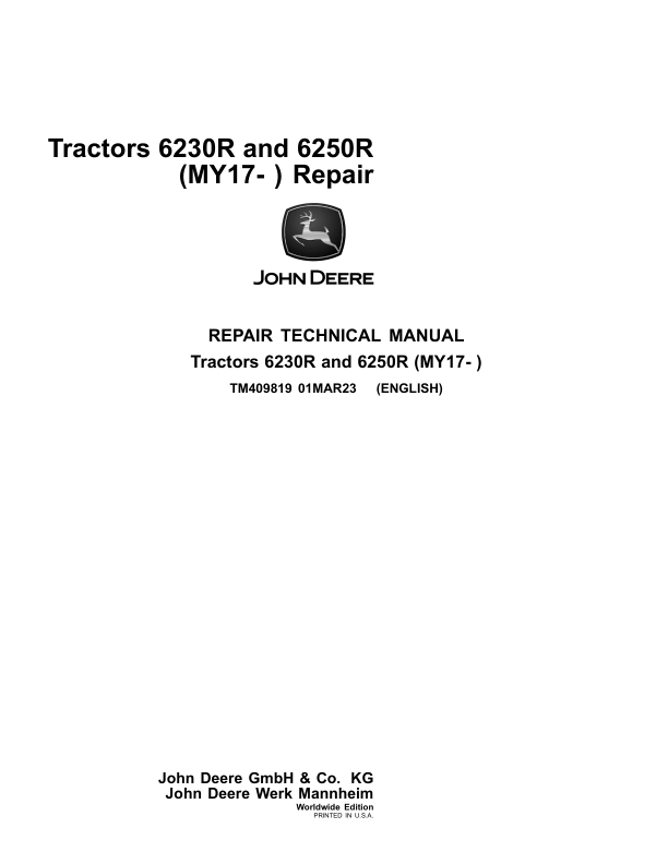 John Deere 6230R, 6250R Tractors Service Repair Manual (MY17 – )