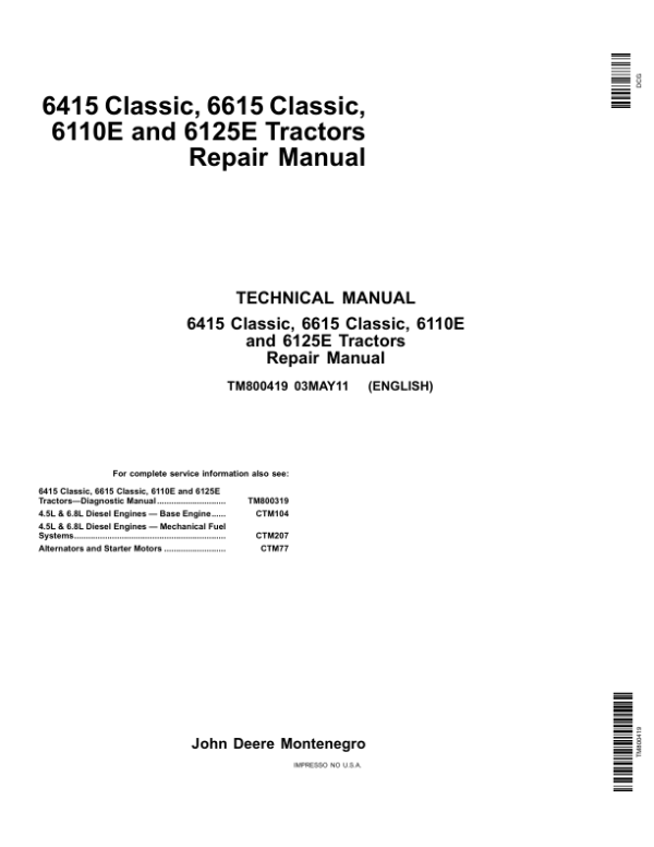 John Deere 6415 Classic, 6615 Classic, 6110E, 6125E Tractors Repair Manual