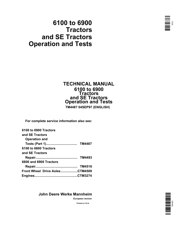 John Deere 6800, 6900, SE610 Tractors Service Repair Manual (TM4487 & TM4516)_TM4487_1