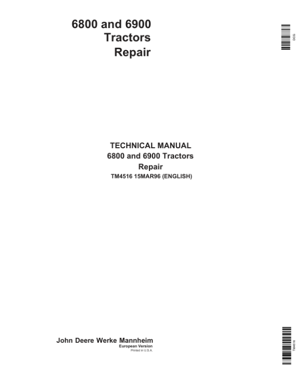 John Deere 6800, 6900, SE6100 Tractors Service Repair Manual (TM4487 & TM4516)