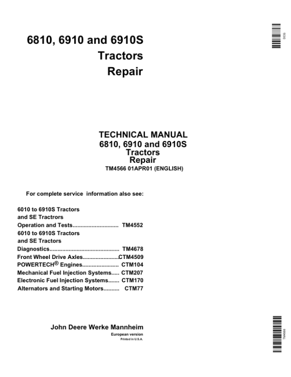 John Deere 6810, 6910, 6910S Tractors Service Repair Manual (TM4566)