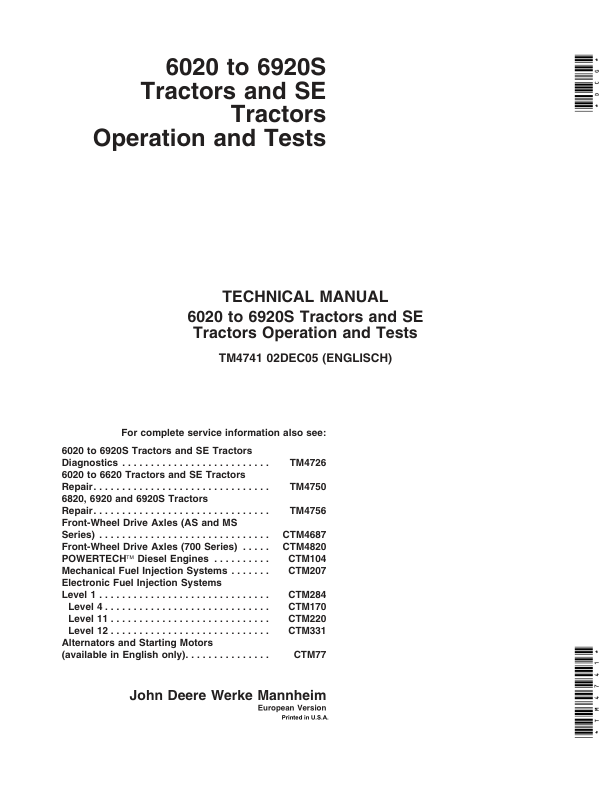 John Deere 6820, 6920, 6920S Tractors Repair Manual_TM4741_1