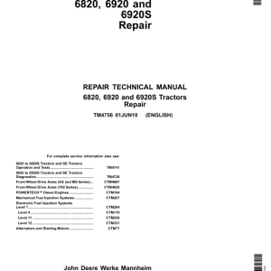 John Deere 6820, 6920, 6920S Tractors Repair Manual