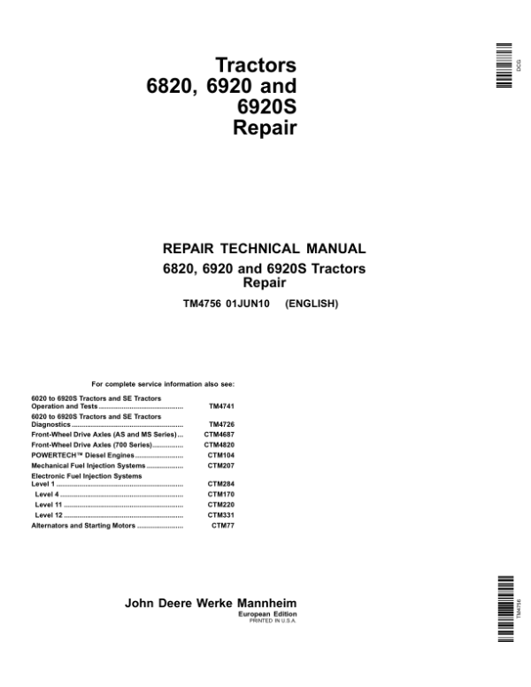 John Deere 6820, 6920, 6920S Tractors Repair Manual
