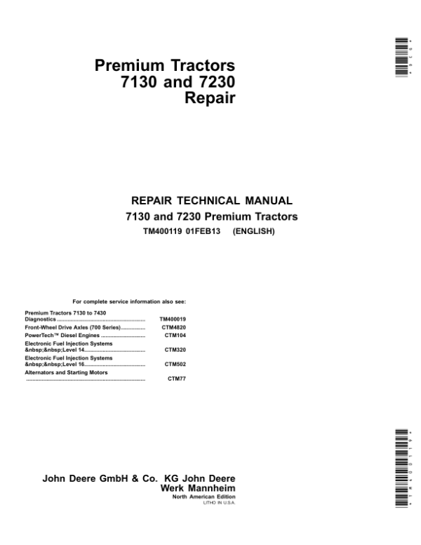 John Deere 7130 Premium, 7230 Premium Tractors Service Repair Manual