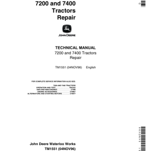 John Deere 7200, 7400 Tractors Service Repair Manual (TM1551 & TM1552)