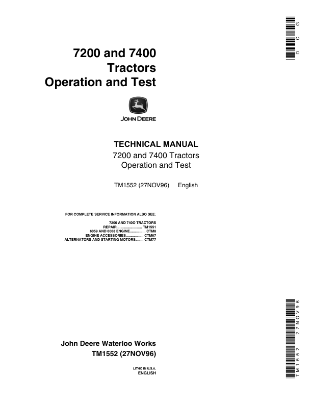 John Deere 7200, 7400 Tractors Service Repair Manual (TM1551 & TM1552)_TM1552_1