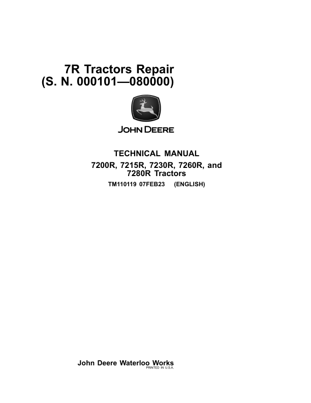 John Deere 7200R, 7215R, 7230R, 7260R, 7280R Tractors Repair Manual (S.N 000101-080000)
