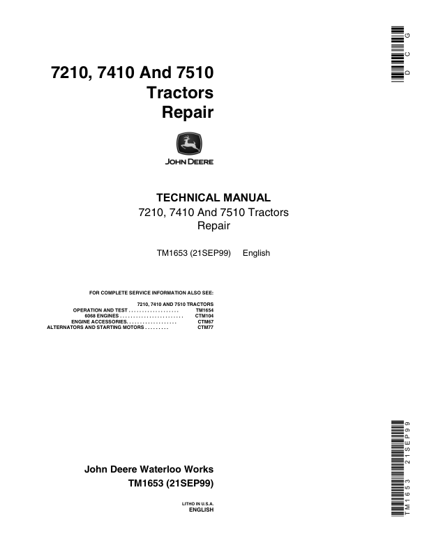 John Deere 7210, 7410, 7510 Tractors Service Repair Manual (TM1653 & TM1654)