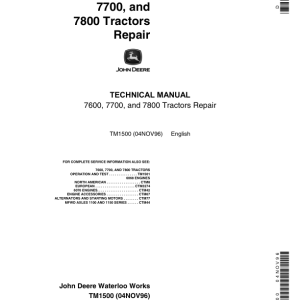 John Deere 7600, 7700, 7800 Tractors Service Repair Manual (TM1500 & TM1501)