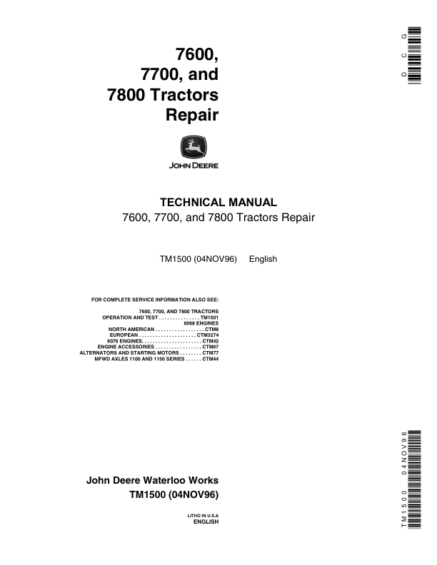 John Deere 7600, 7700, 7800 Tractors Service Repair Manual (TM1500 & TM1501)