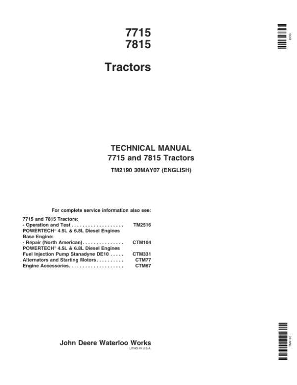 John Deere 7715, 7815 Tractors Service Repair Manual (TM2190 & TM2516)