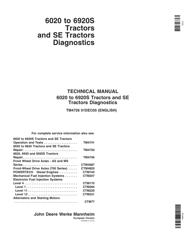 John Deere SE 6020, SE 6120, SE 6220, SE 6320, SE 6420, SE 6520 Tractors Repair Manual_TM4726_1
