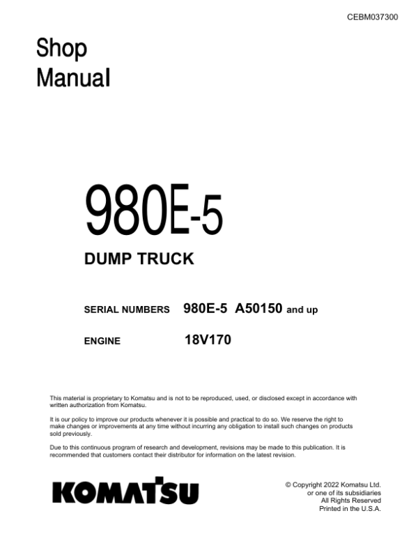 Komatsu 930E-5 Dump Truck Service Repair Manual