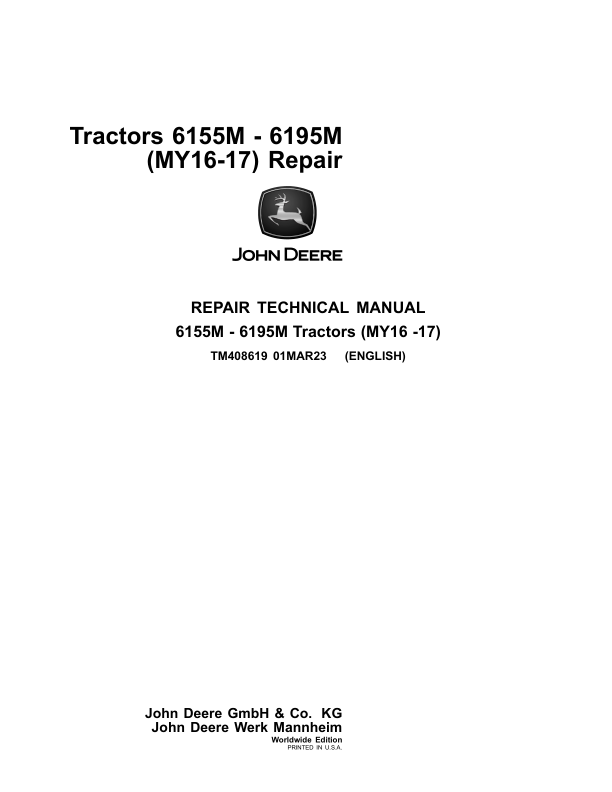 John Deere 6155M, 6155MH, 6175M, 6195M, 6210M Tractors Repair Manual