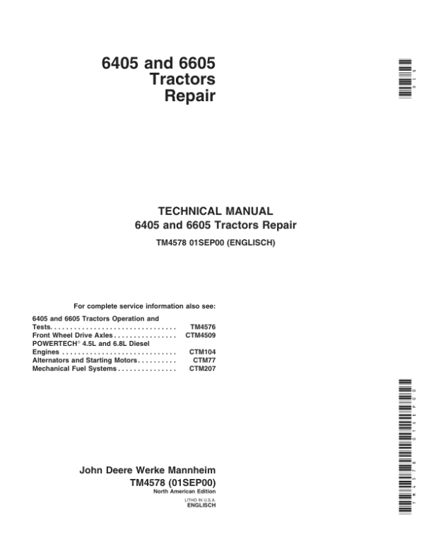 John Deere 6405, 6605 Tractors Service Repair Manual