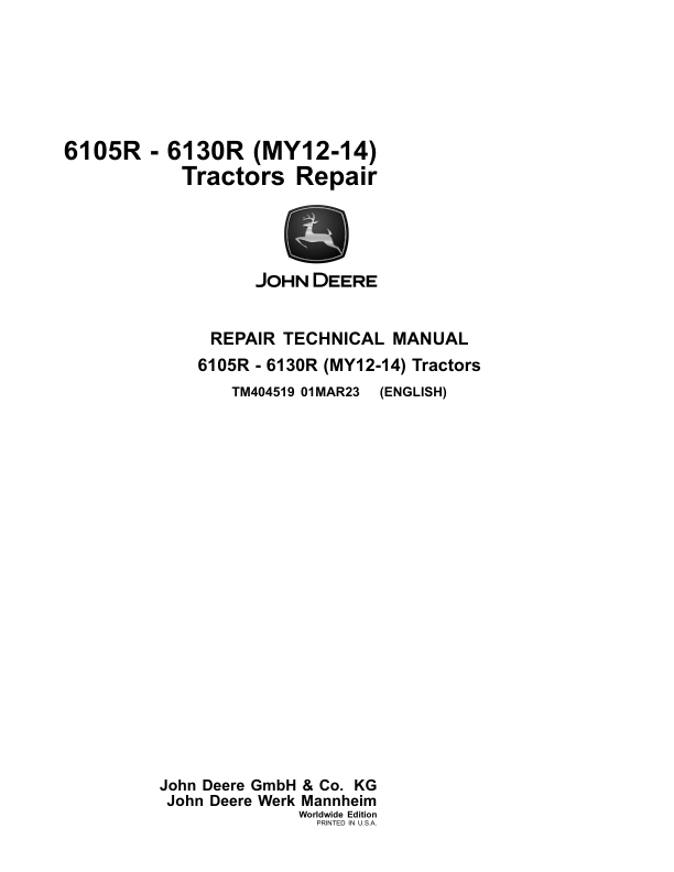 John Deere 6105R, 6115R, 6125R, 6130R Tractors Service Repair Manual