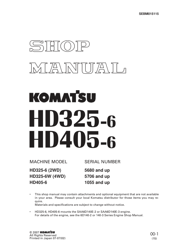 Komatsu HD325-6, HD325-6W, HD405-6, HD465-5, HD605-5, HD785-5 Dump Truck Repair Manual