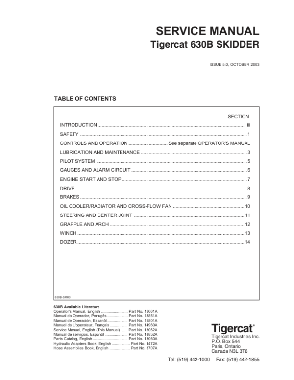 Tigercat 630B Skidder Repair Service Manual (6301001 – 6301999)