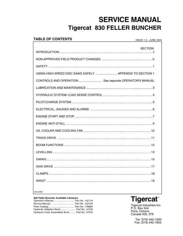 Tigercat 830 Feller Buncher Repair Service Manual