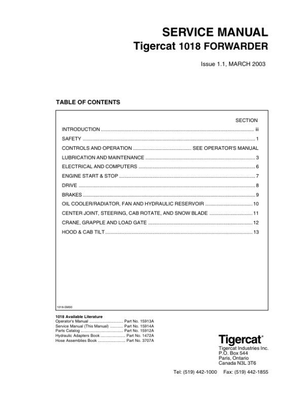 Tigercat 1018 Forwarder Repair Service Manual (10180101 - 10180499)