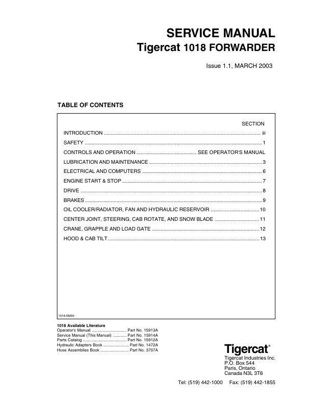 Tigercat 1018 Forwarder Repair Service Manual (10180101 – 10180499)