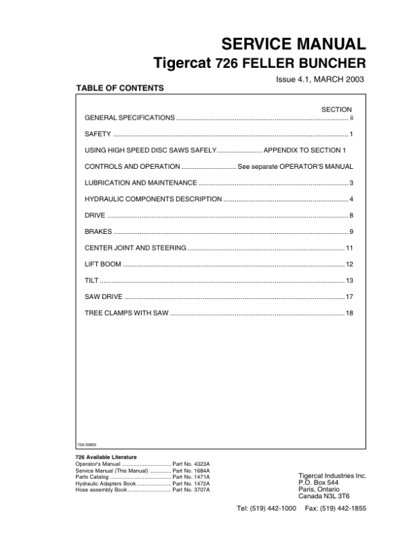 Tigercat 726 Feller Buncher Repair Service Manual (SN 7260101 - 7260999)