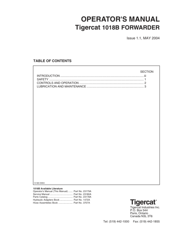Tigercat 1018B Forwarder Operators Manual