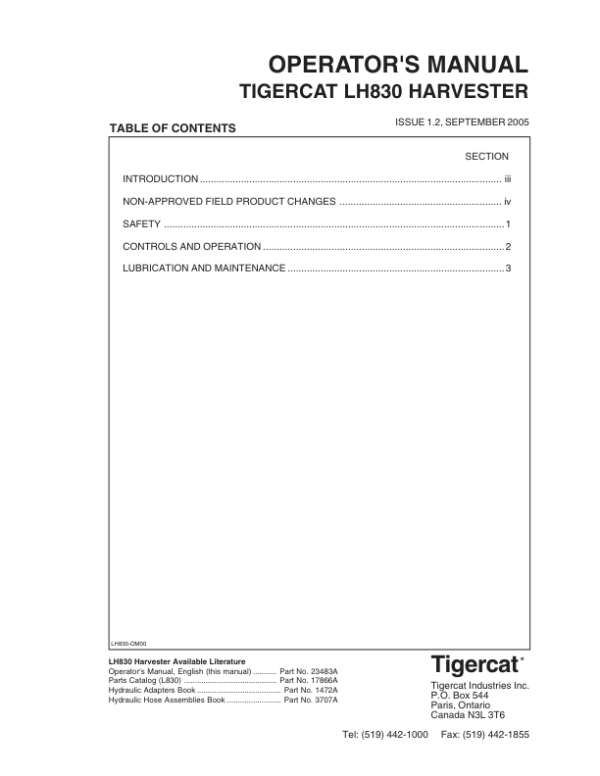 Tigercat LH830 Harvester Operators Manual (83080191 - 83080999)