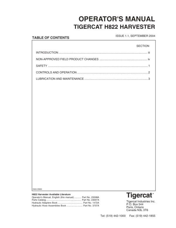 Tigercat H822 Harvester Repair Service Manual (822H0101 - 82230999)