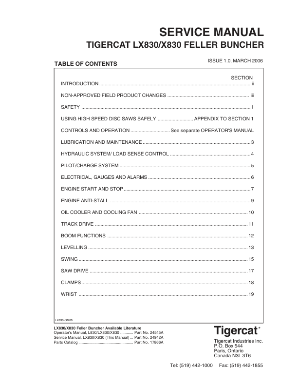Tigercat LX830, X830 Feller Buncher Repair Service Manual