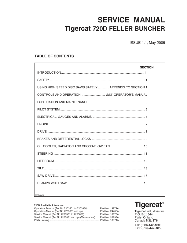 Tigercat 720D Feller Buncher Repair Service Manual (SN 7203501 – 7204400)