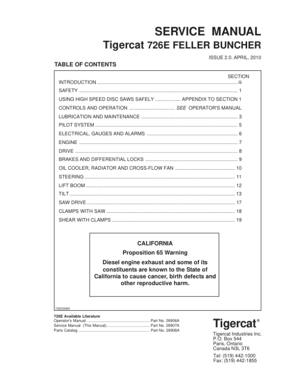 Tigercat 726E Feller Buncher Repair Service Manual (SN 7262501 - 7265000)