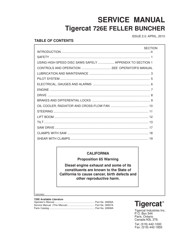 Tigercat 726E Feller Buncher Repair Service Manual (SN 7262501 – 7265000)