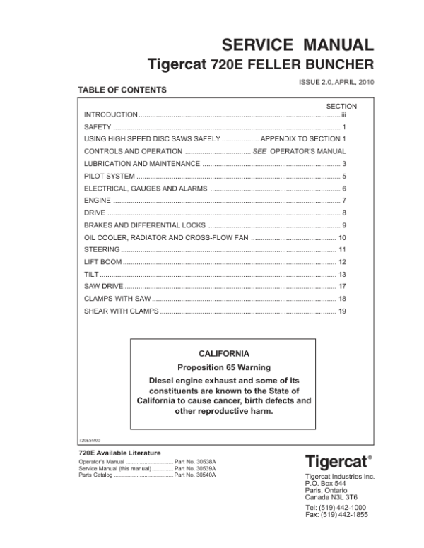 Tigercat 720E Feller Buncher Repair Service Manual (SN 7204401 - 7205500)