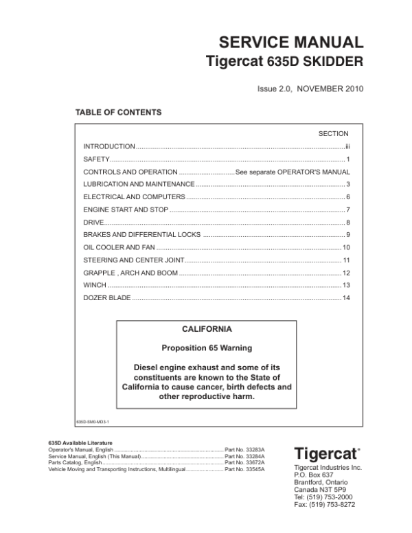 Tigercat 635D Skidder Repair Service Manual (6351001 – 6351500)