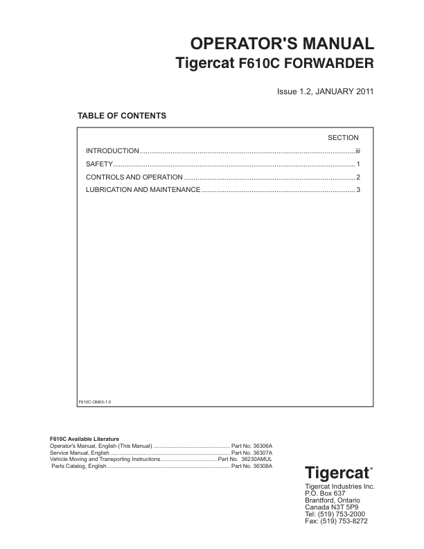 Tigercat F610C Forwarder Operators Manual
