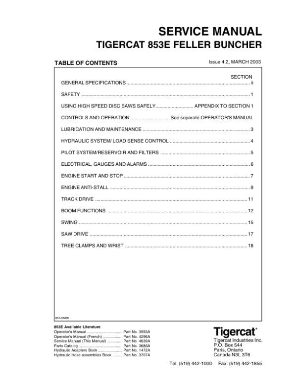 Tigercat 853E, 853T, L853E Feller Buncher Repair Service Manual