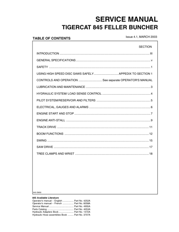 Tigercat 845 Feller Buncher Repair Service Manual (SN 8450101 - 8450475)