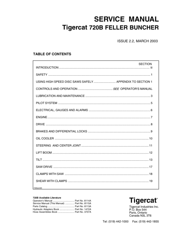 Tigercat 720B Feller Buncher Repair Service Manual (SN 7202001 - 7202999)