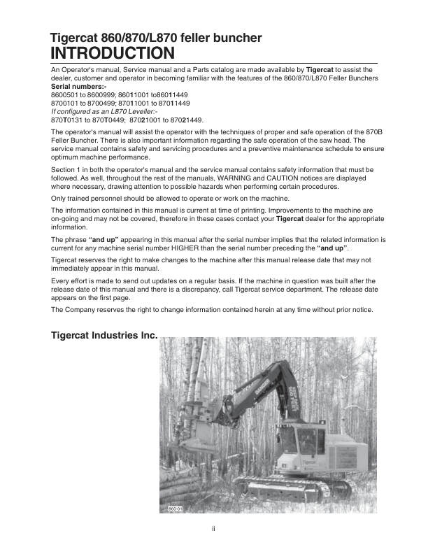 Tigercat 860, 870, L870 Feller Buncher Repair Service Manual